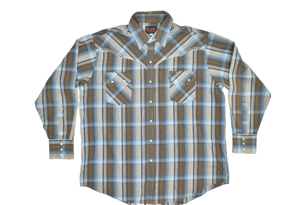 Plains Western Wear Shirt Mens XL Brown Blue Plaid Snap Button Long Sleeve